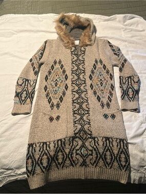 Anthropologie Northern Angel Beige Aztec Longline Cardigan with Fur Trim